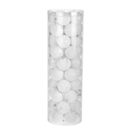 White 6cm Plastic Ball in tube (matt,shiny,glitter, Ribbed) x 50