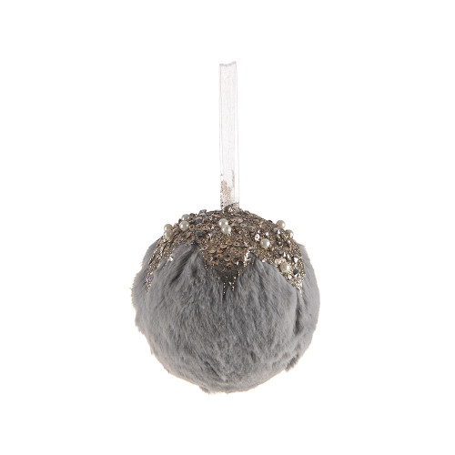 Hanging Fur Bauble with Glitter Grey 11Cm