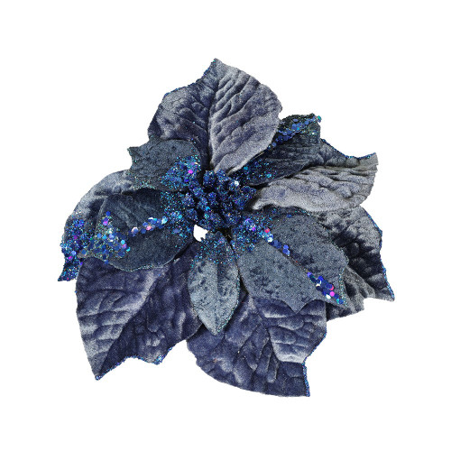 Velvet Poinsettia Flower Head W/Clip Cobalt 25cm
