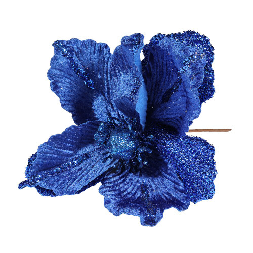 Velvet Magnolia with glitter leaf 26cm Royal Blue