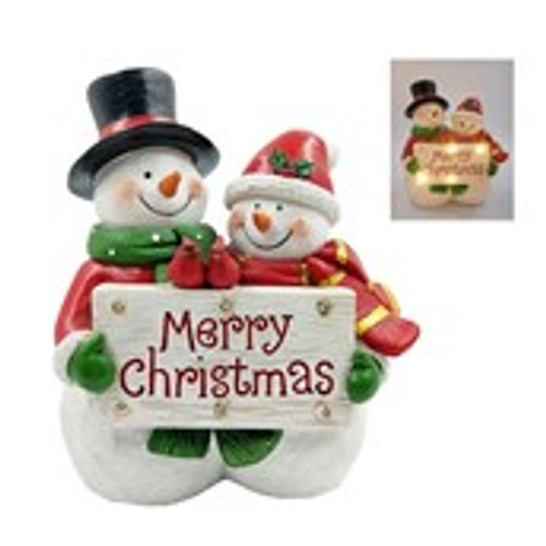 Snowmen with Light up Merry Christmas sign 22.5cm
