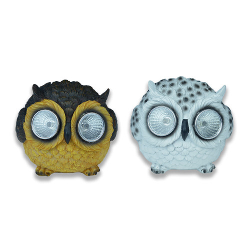 Owl with Large Solar Eyes 8cm 2 Assorted White and Brown