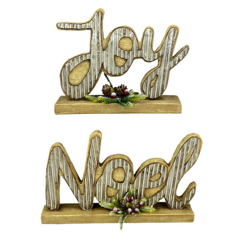 Joy and Noel signs in Resin with pinecones 2 Assorted 14.3-15cm