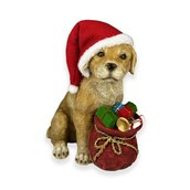 Dog sitting in Santa hat in Resin Brown 22cm