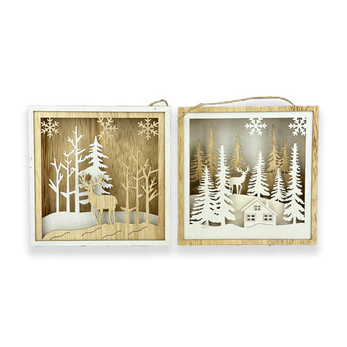Wooden wall hanging Christmas scene 15cm 2 assorted colours white or natural 