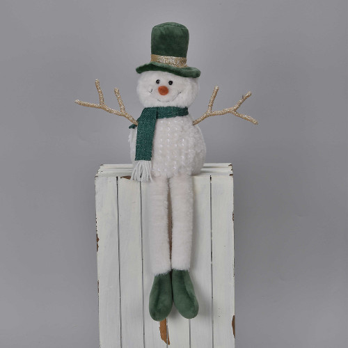 Sitting Snowman with glitter arms long legs green and white 26cm