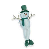 Sitting Snowman with glitter arms long legs green and white 26cm