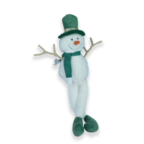 Sitting Snowman with glitter arms long legs green and white 26cm