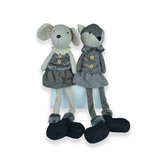 Mouse and Fox with soft legs Grey 2 asst 28cm