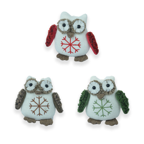 Owl hanging decs 3 asst red, green or brown 10cm