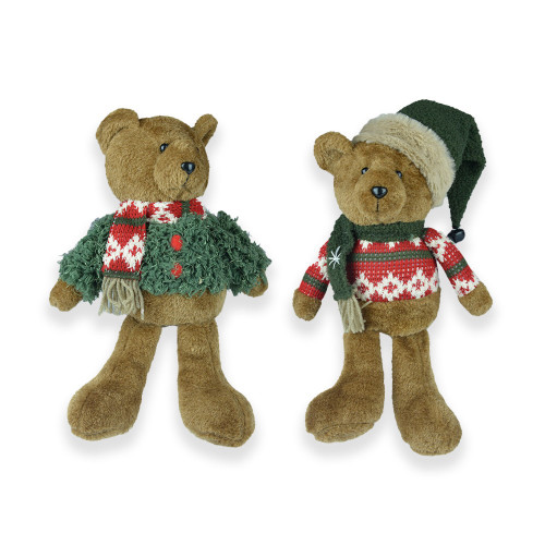 Teddy bear in jumper and scarf 2 asst red or green 24cm