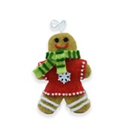 Hanging Gingerbread Decoration with green stripey scarf H11xW9xD1.5cm