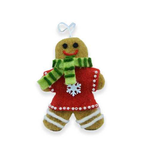 Hanging Gingerbread Decoration with green stripey scarf H11xW9xD1.5cm