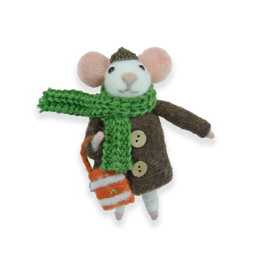 Woodland mouse with green scarf and orange bag 13x8x4.5cm