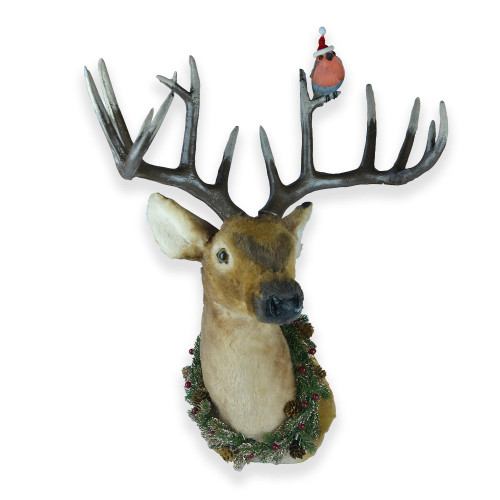 Deer Head with wreath and robin 52x37x60cm