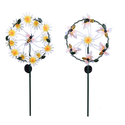 2 Assorted Spinning Solar Garden Spikes H:126cm. Bee or Daisy.