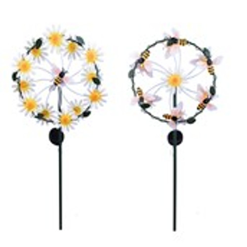 2 Assorted Spinning Solar Garden Spikes H:126cm. Bee or Daisy.