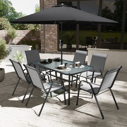 8Pce Dining set with 2.7m Parasol Black & Grey. Tble:150x90cm Chair:54x70x90cm