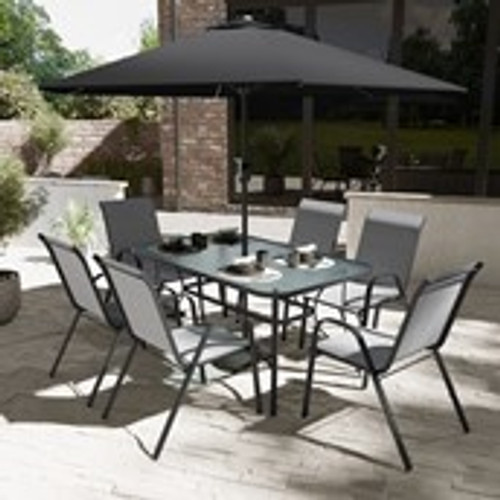 8Pce Dining set with 2.7m Parasol Black & Grey. Tble:150x90cm Chair:54x70x90cm