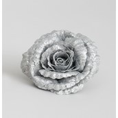 18cm Glitter Rose w/Clip Silver