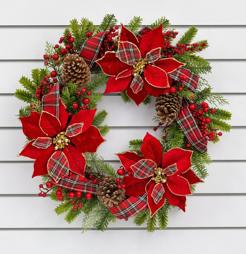 58cm Tartan Poinsettia Wreath