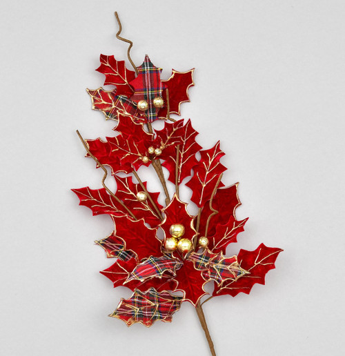 82cm Tartan Fabric Holly Spray