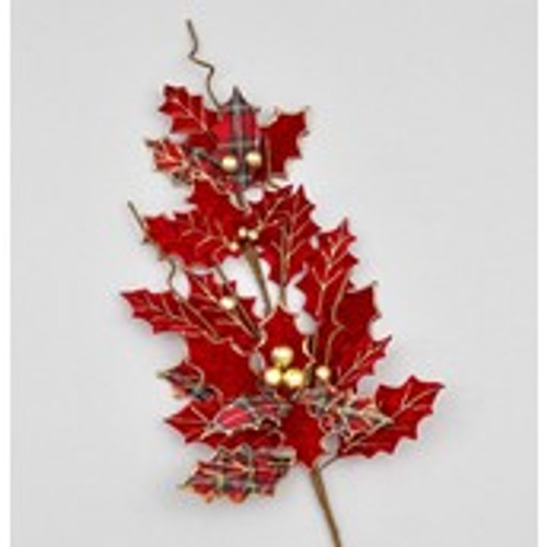 82cm Tartan Fabric Holly Spray