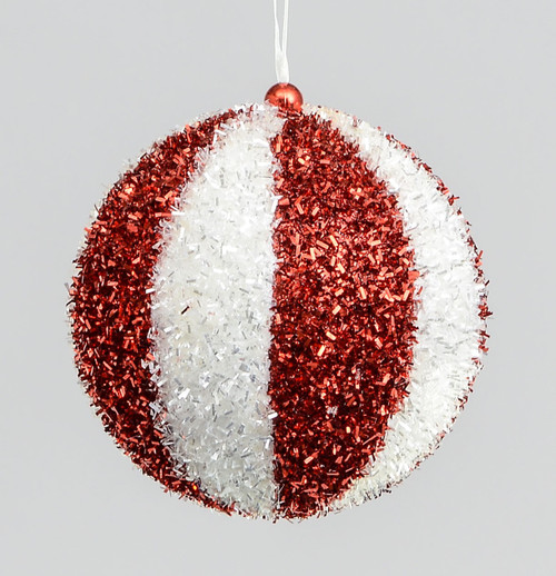 125mm Tinsel Ball Decoration Red/W