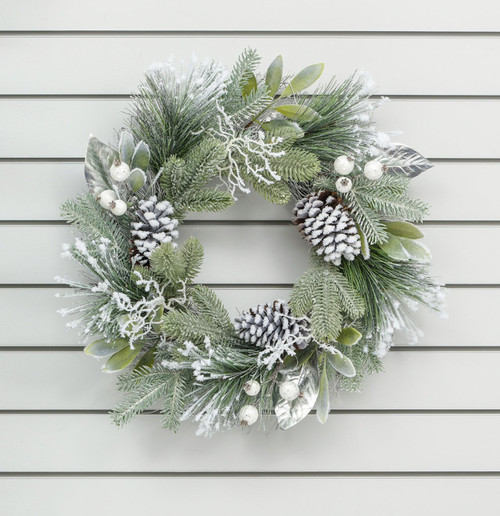 60cm Flock Mixed Pine/Cone Wreath