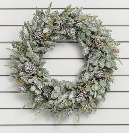 64cm Frosted Pine/Euc/Cone Wreath
