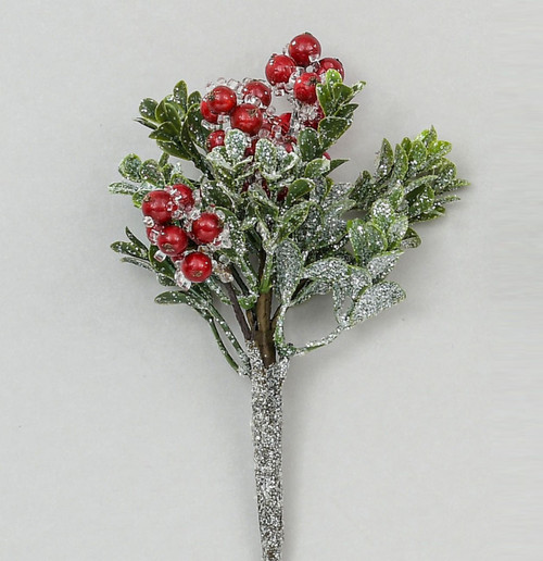 20cm Iced Berry/Boxwood Pick Red