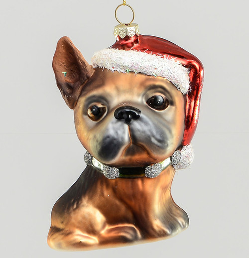 13cm Glass Dog w/Red Hat Dec