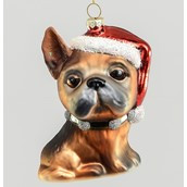 13cm Glass Dog w/Red Hat Dec