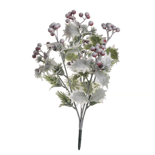 Flocked Holly leaves/Berries Spray 43Cm