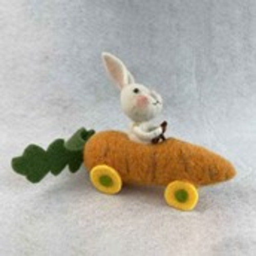 Felt Rabbit driving a carrot car 22x6x14.5cm