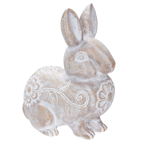 Resin Wooden Look Bunny with Carved Pattern White 15cm