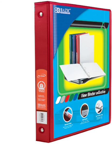 Bazic 1" Red 3-Ring View Binder with 2-Pockets Case Pack 12