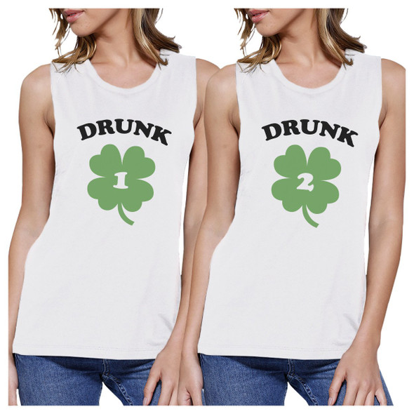 Drunk1 Drunk2 Womens White Muscle Top Marching T Shirt Patricks Day - 3PFMS002WT WM WM