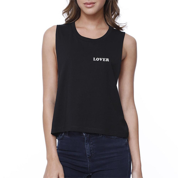 Lover Women's Black Crop Shirt Simple Letter Gift Ideas For Couples