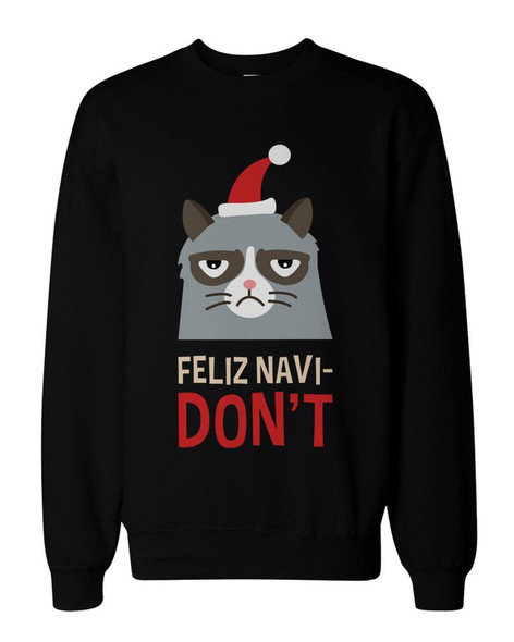 Funny Grumpy Cat Holiday Graphic Sweatshirts - Unisex Black Pullover Sweater