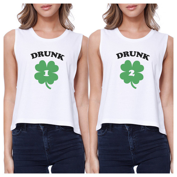 Drunk1 Drunk2 Women White Crop Tee Cute Best Friend Top St Patricks - 3PFCR002WT WS WS