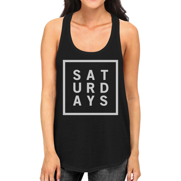 Saturdays Womens Sleeveless Black Tank Top Typography Trendy Tops