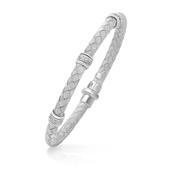 14k White Gold Rondelle Diamond Station Basket Weave Bracelet