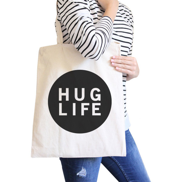 Hug Life Natural Tote Bag Simple Trendy Design PocketSize Graphic