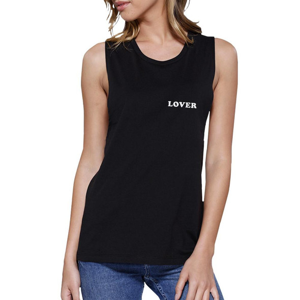 Lover Women's Black Muscle Top Cute Simple Quote Round-neck Top