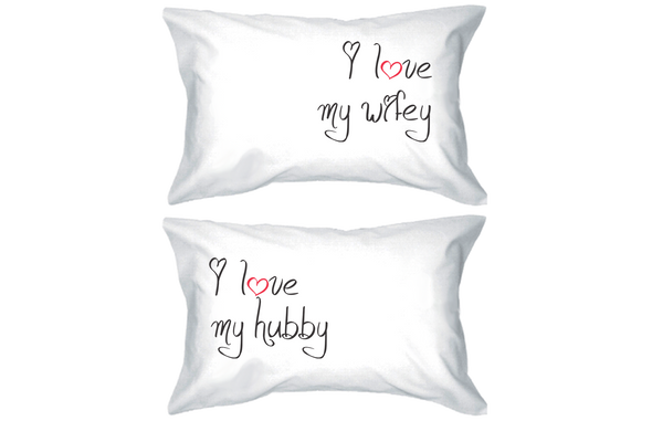 I Love My Hubby and Wifey Standard Size 21 x 30 Matching Couple Pillowcases