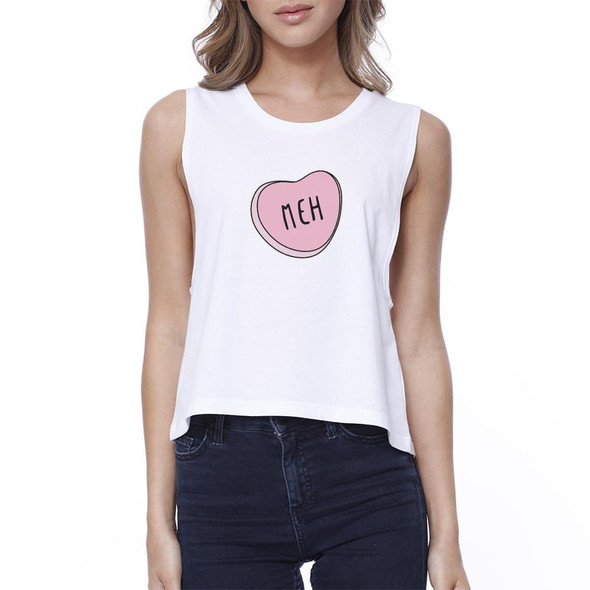 Meh Women's White Crop Shirt Cute Pink Heart Lovely Gifts For Her