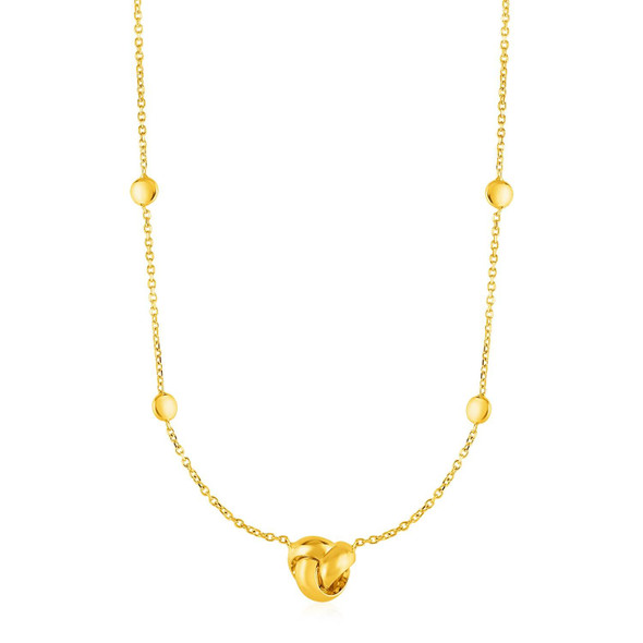 Station Necklace with Love Knot and Round Beads in 14k Yellow Gold