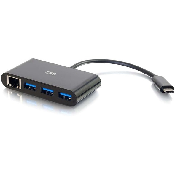 C2G USB C Ethernet and 3 Port USB A Hub - Black