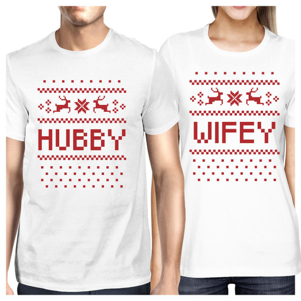 Pixel Nordic Hubby And Wifey Matching Couple White Shirts - 3PCT138WT M2XL W2XL